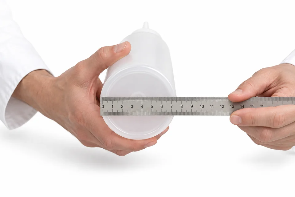 Chef's hands holding a straight ruler across the outside edges of a squeeze bottle's base.