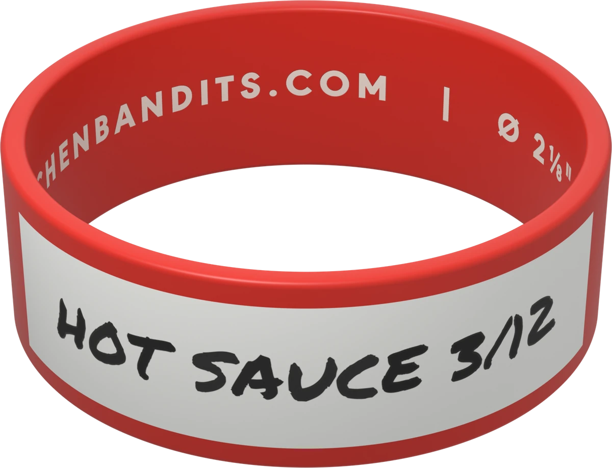Red Kitchen Bandits silicone bottle band hand-labeled HOT SAUCE 3/12