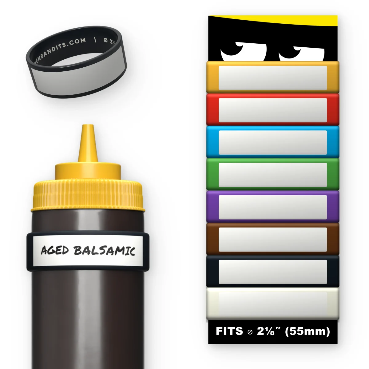 Multicolor Kitchen Bandits silicone bottle bands, 8-pack, 55